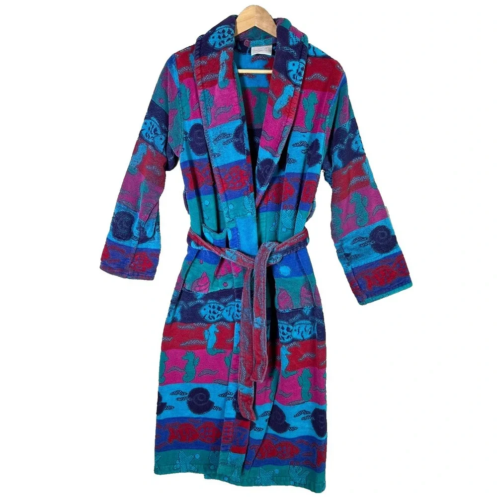 Vintage TJ Lawford Turkish‎ Cotton Terry Cloth Robe Colorful Print Belted Size S